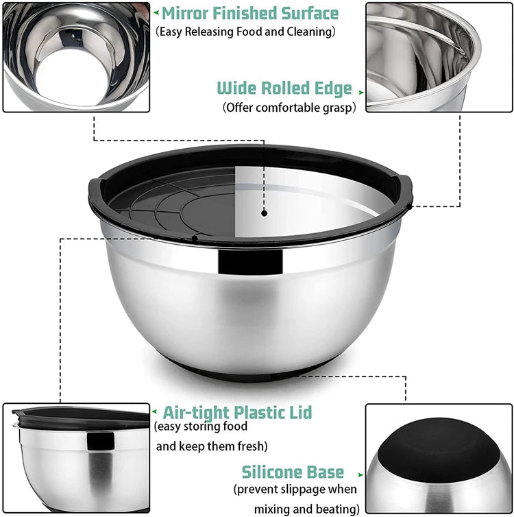 Mixing Bowls with Lids and Non Slip Bases Stainless Steel Mixing Bowls Set for Baking