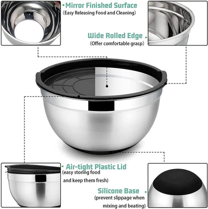 Mixing Bowls with Lids and Non Slip Bases Stainless Steel Mixing Bowls Set for Baking