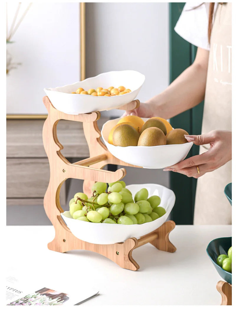 Three Layer Table Plates Dinnerware Wooden Kitchen Fruit Bowl