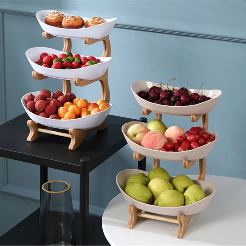 Three Layer Table Plates Dinnerware Wooden Kitchen Fruit Bowl