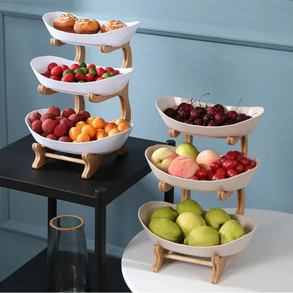 Three Layer Table Plates Dinnerware Wooden Kitchen Fruit Bowl