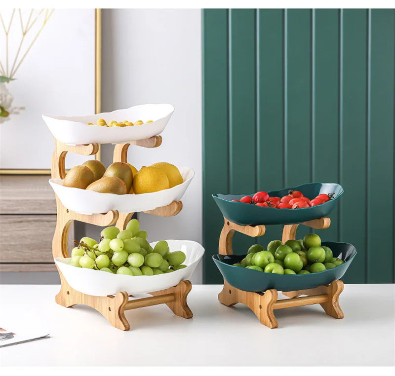 Three Layer Table Plates Dinnerware Wooden Kitchen Fruit Bowl