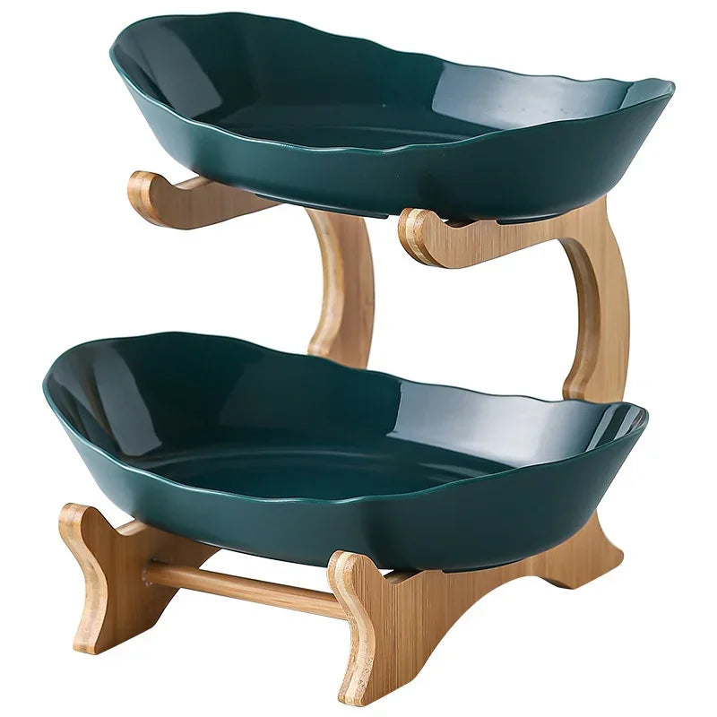 Three Layer Table Plates Dinnerware Wooden Kitchen Fruit Bowl