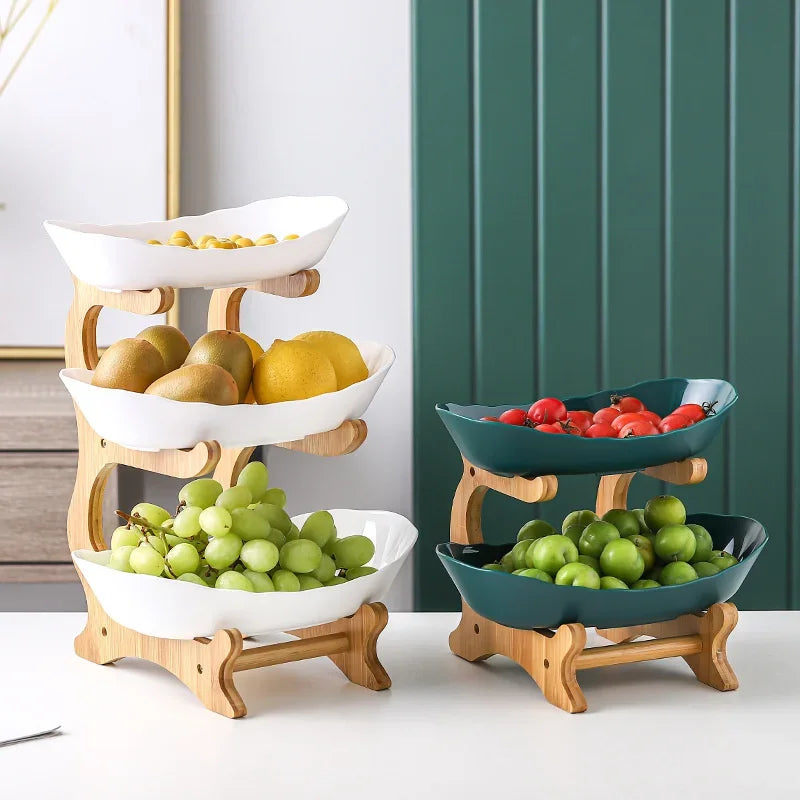 Three Layer Table Plates Dinnerware Wooden Kitchen Fruit Bowl