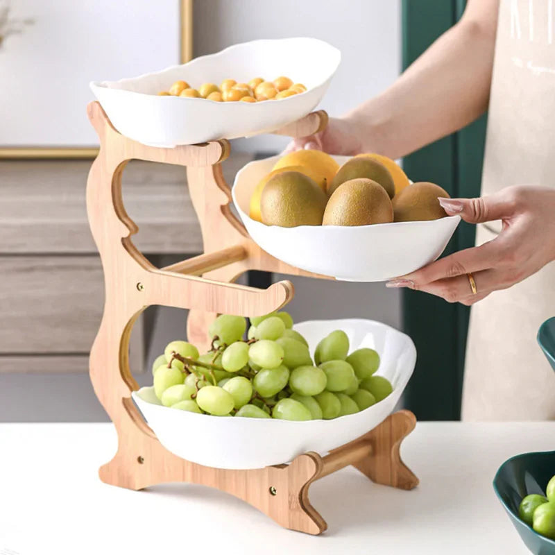 Three Layer Table Plates Dinnerware Wooden Kitchen Fruit Bowl