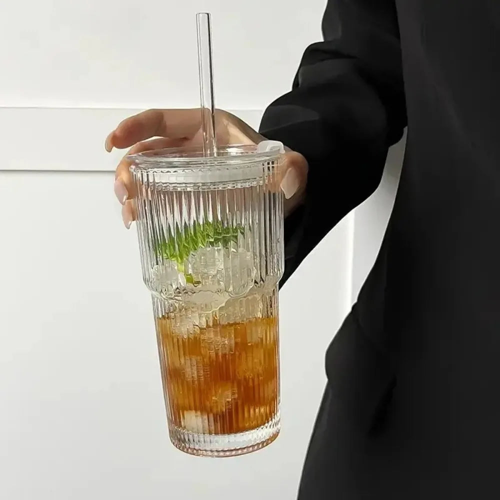 Stripe Glass Cup with Lid and Straw
