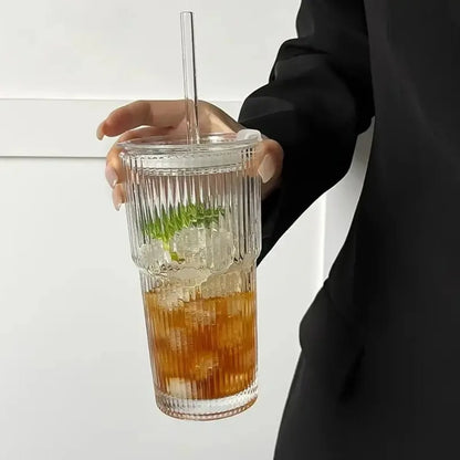 Stripe Glass Cup with Lid and Straw