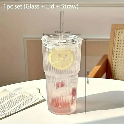 Stripe Glass Cup with Lid and Straw